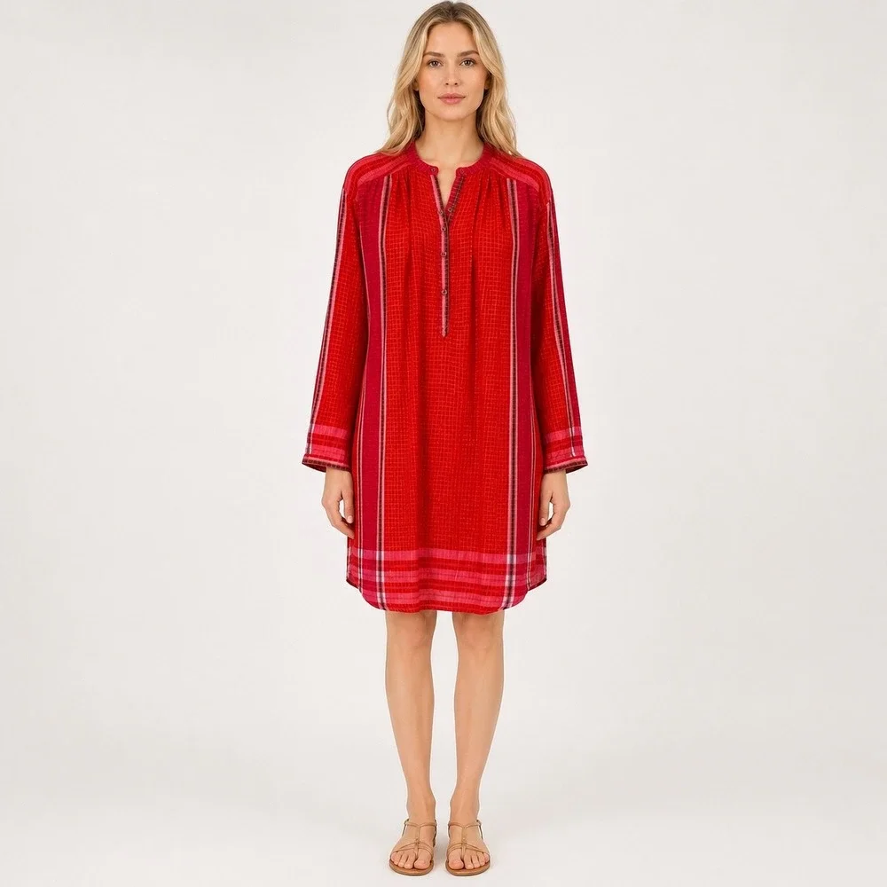 Free People Tunic Dress Red Stripes Metallic Buttons Gold Thread Long Size XS‎